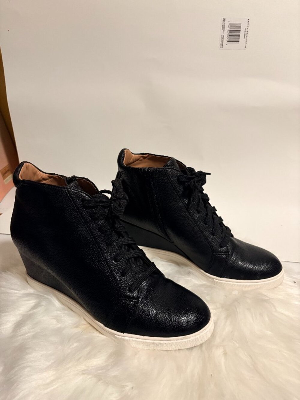 Linea Paolo Black Leather Wedge Sneaker Booties Side Zip Lace-Up Size 10